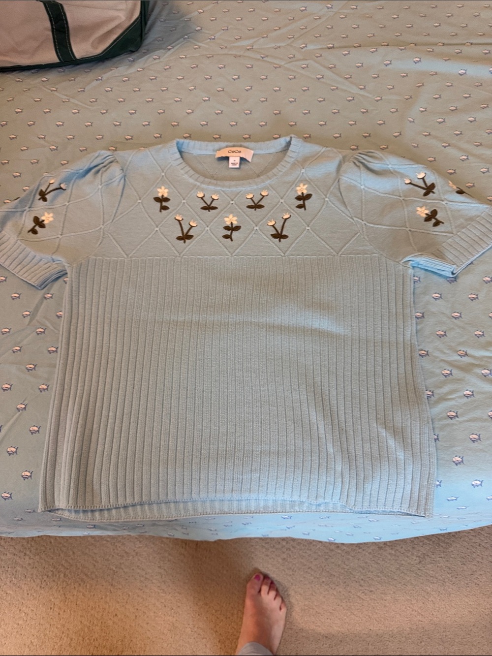 CECE Light Blue Knit Floral Embroidered Sweater Top